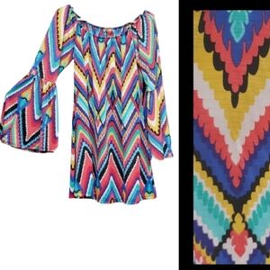 Fashionomics Maximal Chevron Kaleidescope 70's Mosaic Stretch Pullover Dress L